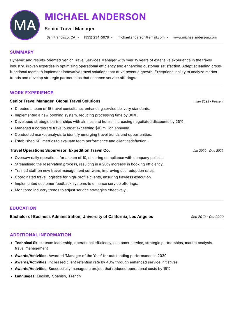 Senior Travel Services Manager resume example — ATS-friendly template