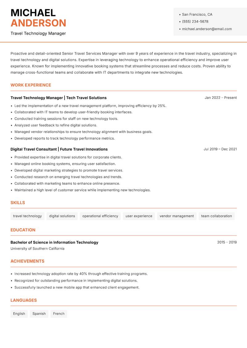 Senior Travel Services Manager resume template — Modern Professional