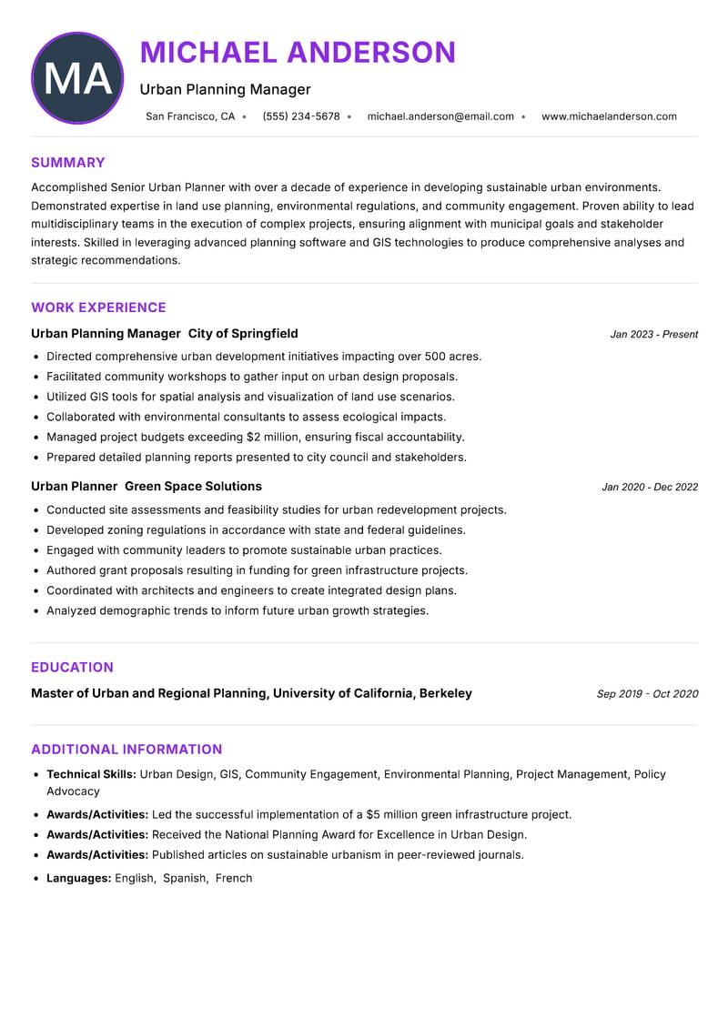 Senior Urban Planner resume example — ATS-friendly template