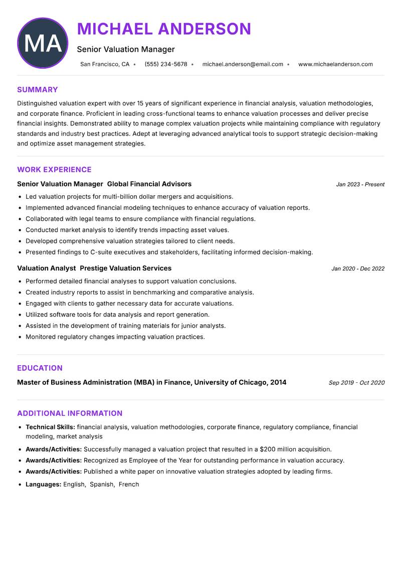 Senior Valuation Manager resume example — ATS-friendly template