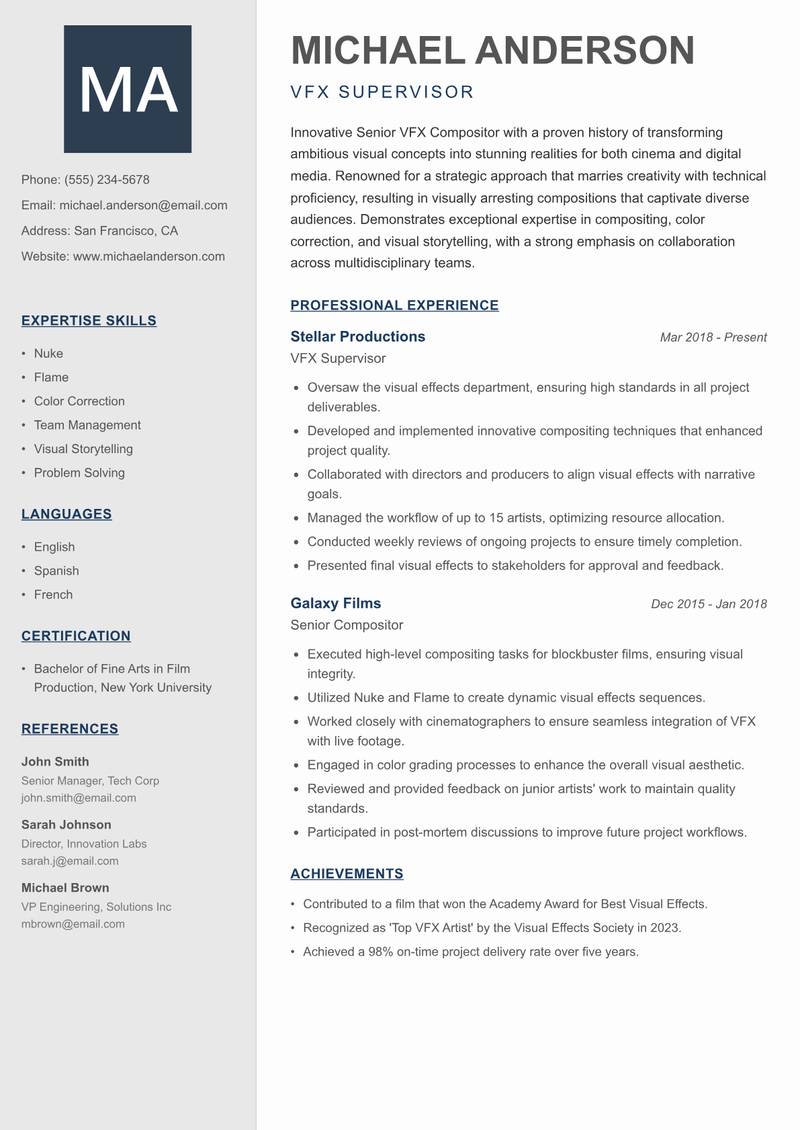 Senior VFX Compositor resume template — Creative Minimal