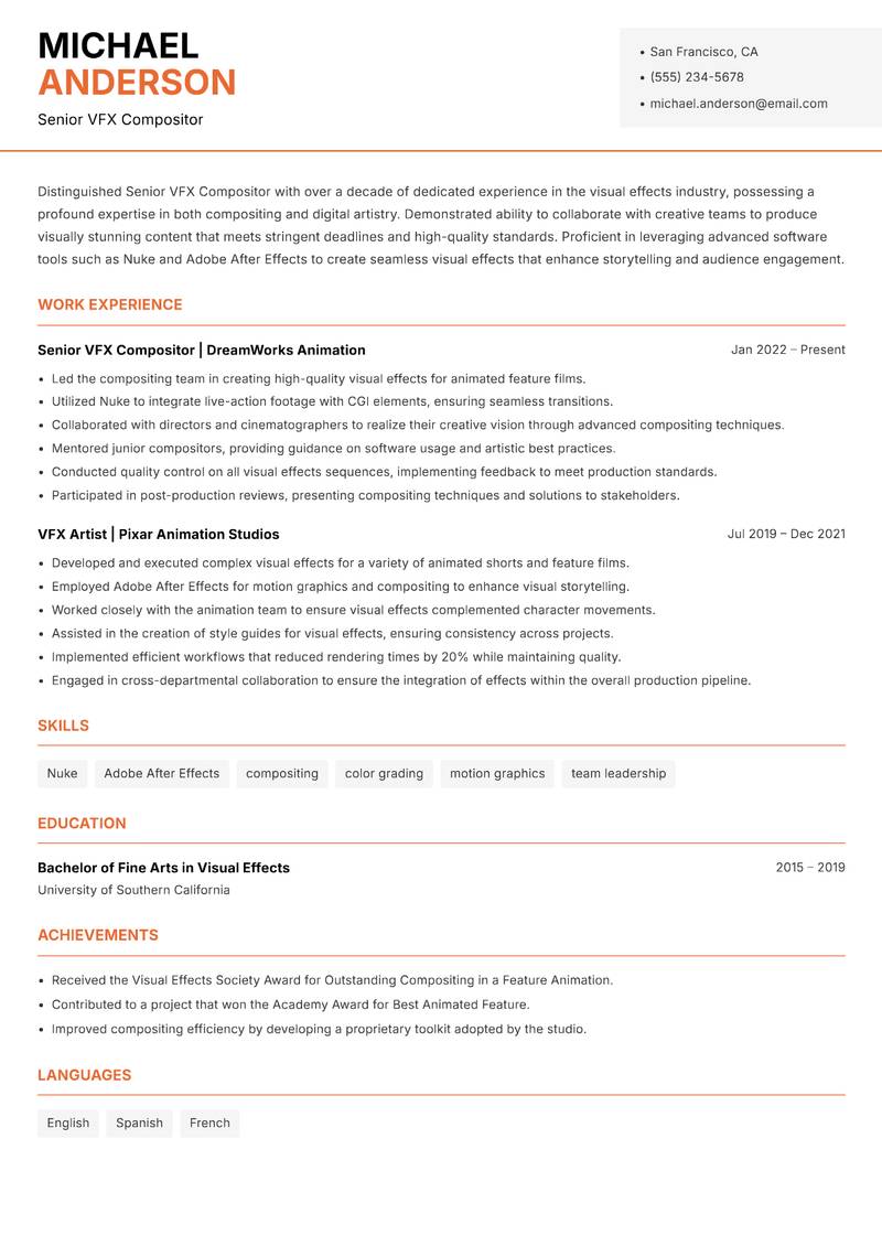 Senior VFX Compositor resume template — Modern Professional