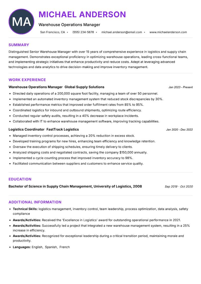 Senior Warehouse Manager resume example — ATS-friendly template