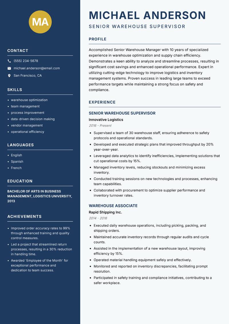 Senior Warehouse Manager resume template — Classic Clean
