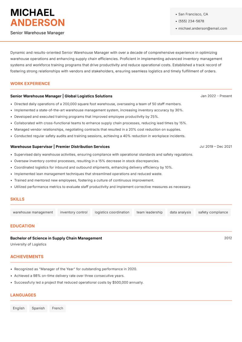 Senior Warehouse Manager resume template — Modern Professional