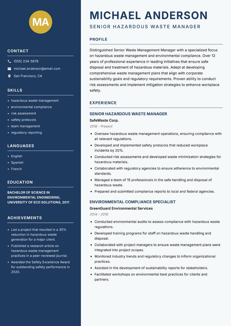 Senior Waste Management Manager resume template — Classic Clean