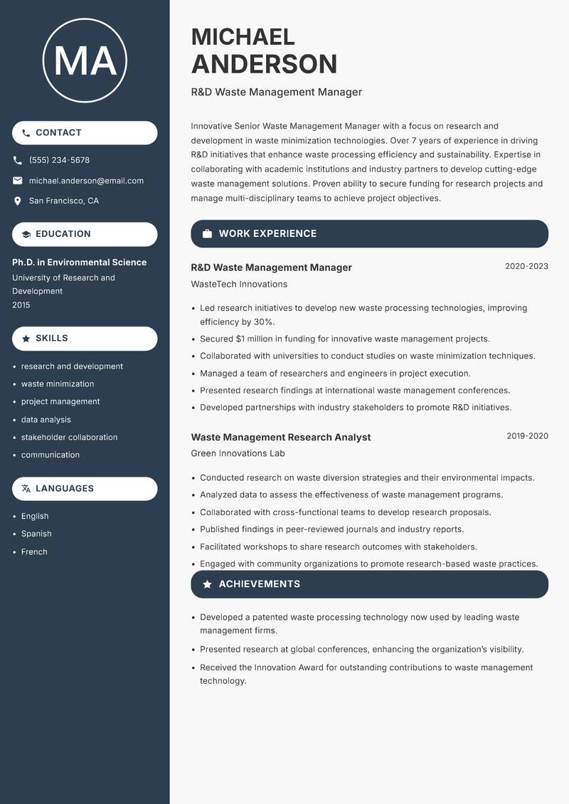 Senior Waste Management Manager resume template — Compact
