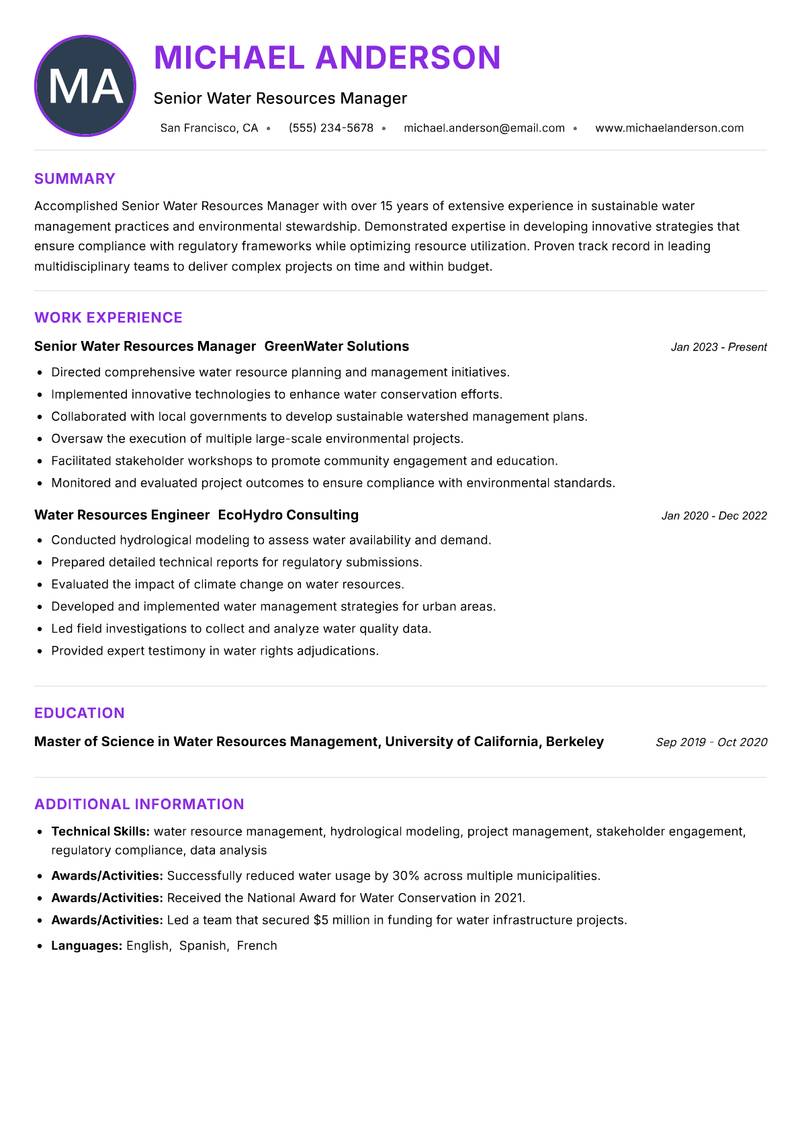 Senior Water Resources Manager resume example — ATS-friendly template