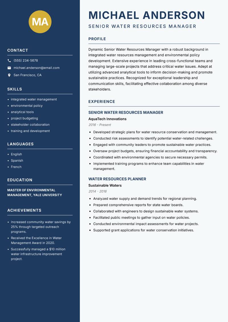 Senior Water Resources Manager resume template — Classic Clean