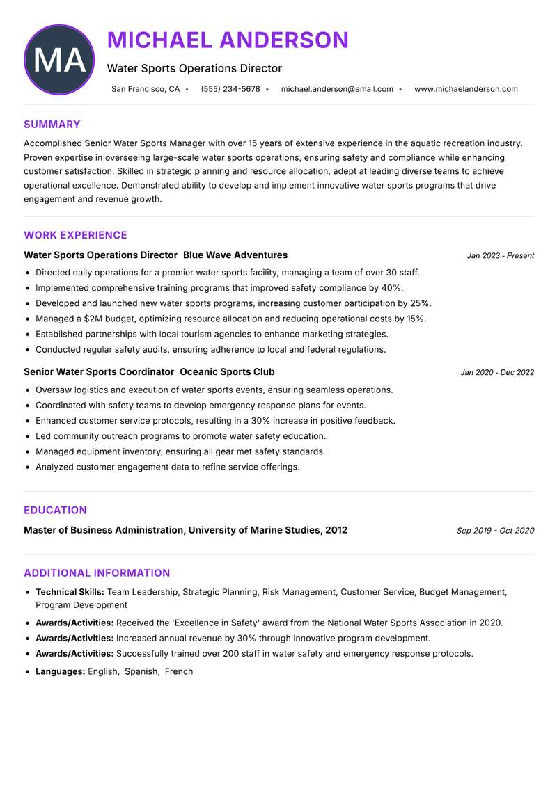 Senior Water Sports Manager resume example — ATS-friendly template