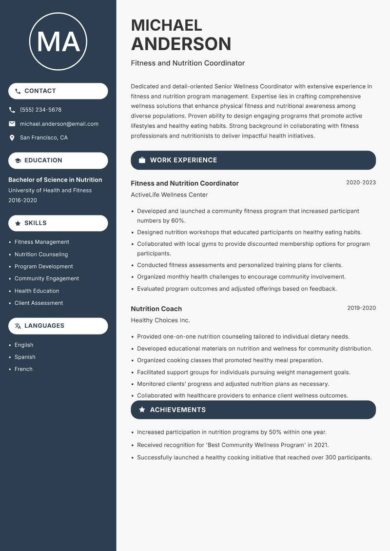 Senior Wellness Coordinator resume template — Compact