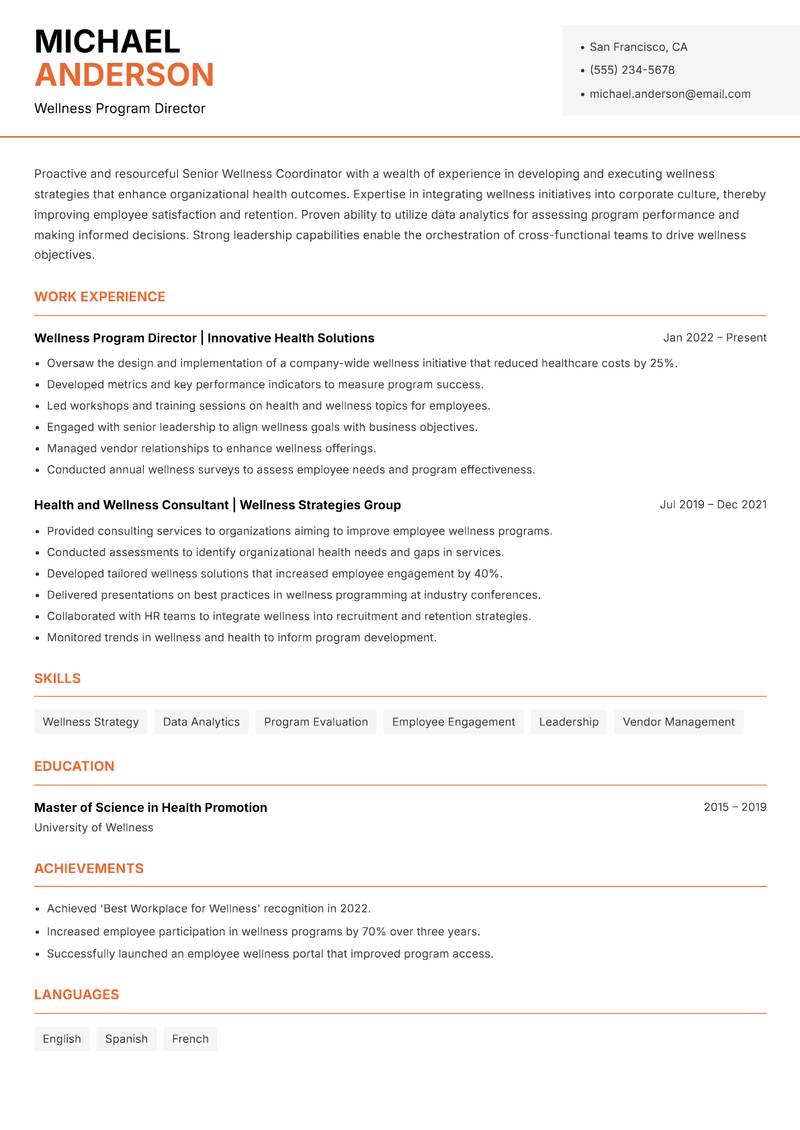 Senior Wellness Coordinator resume template — Modern Professional