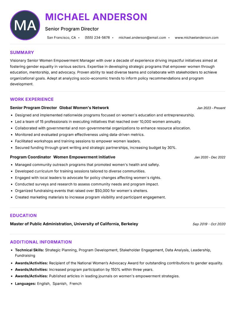 Senior Women Empowerment Manager resume example — ATS-friendly template