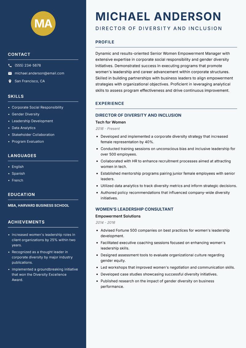 Senior Women Empowerment Manager resume template — Classic Clean