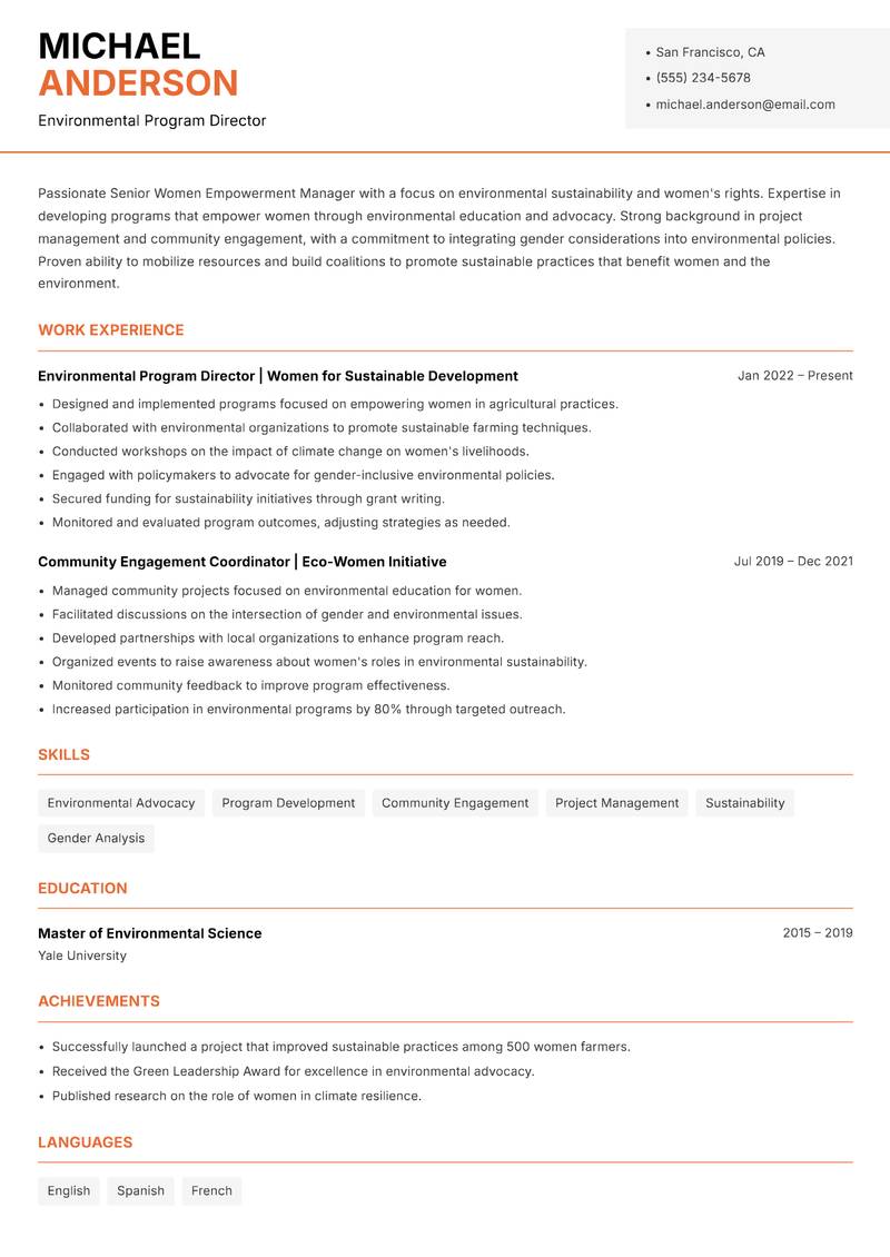 Senior Women Empowerment Manager resume template — Modern Professional
