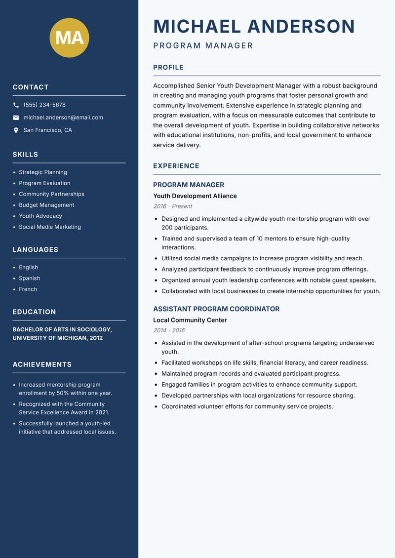 Senior Youth Development Manager resume template — Classic Clean