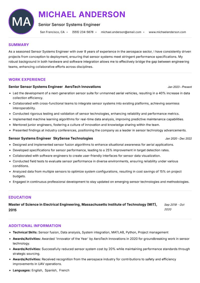 Sensor Systems Engineer resume example — ATS-friendly template