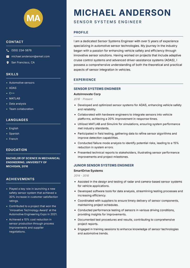 Sensor Systems Engineer resume template — Classic Clean