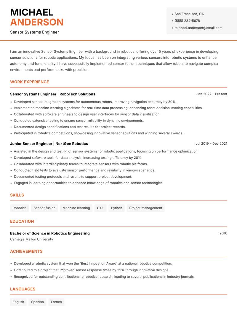 Sensor Systems Engineer resume template — Modern Professional