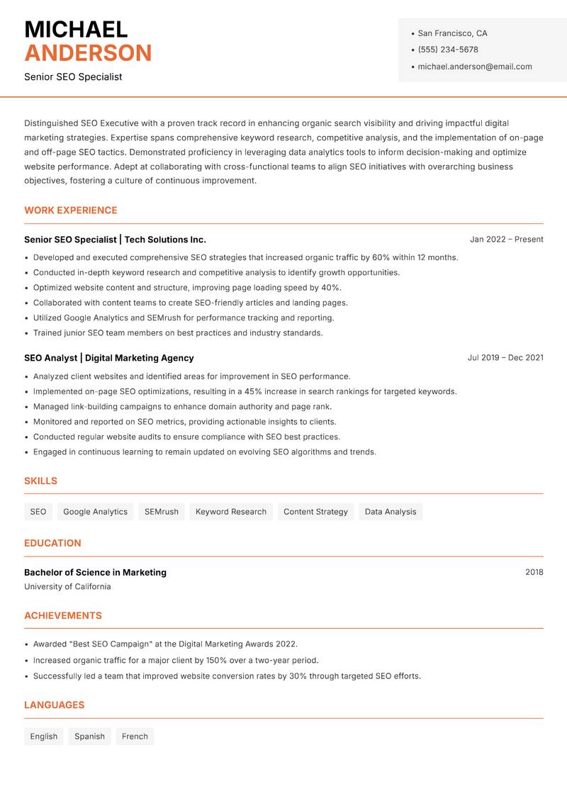SEO Executive resume template — Modern Professional