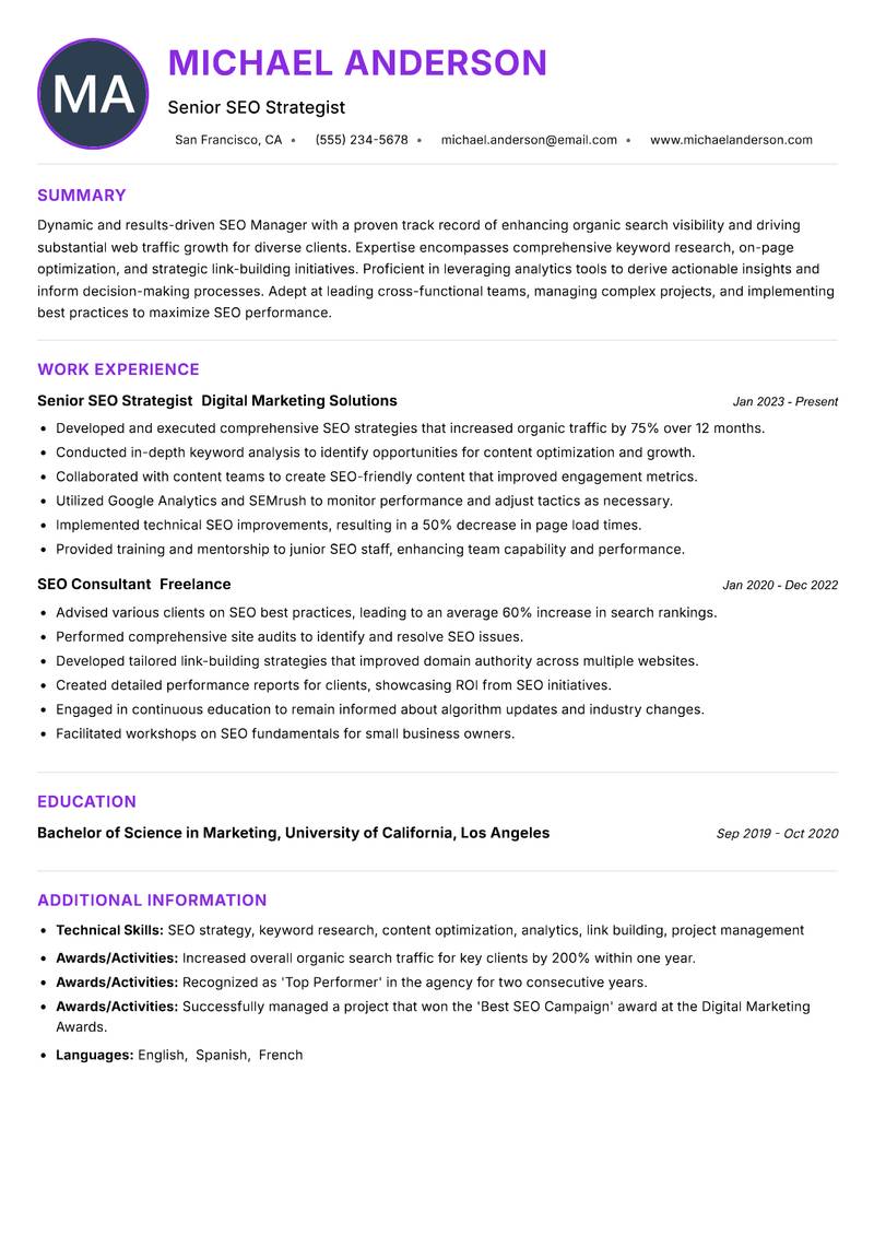 SEO Manager resume example — ATS-friendly template