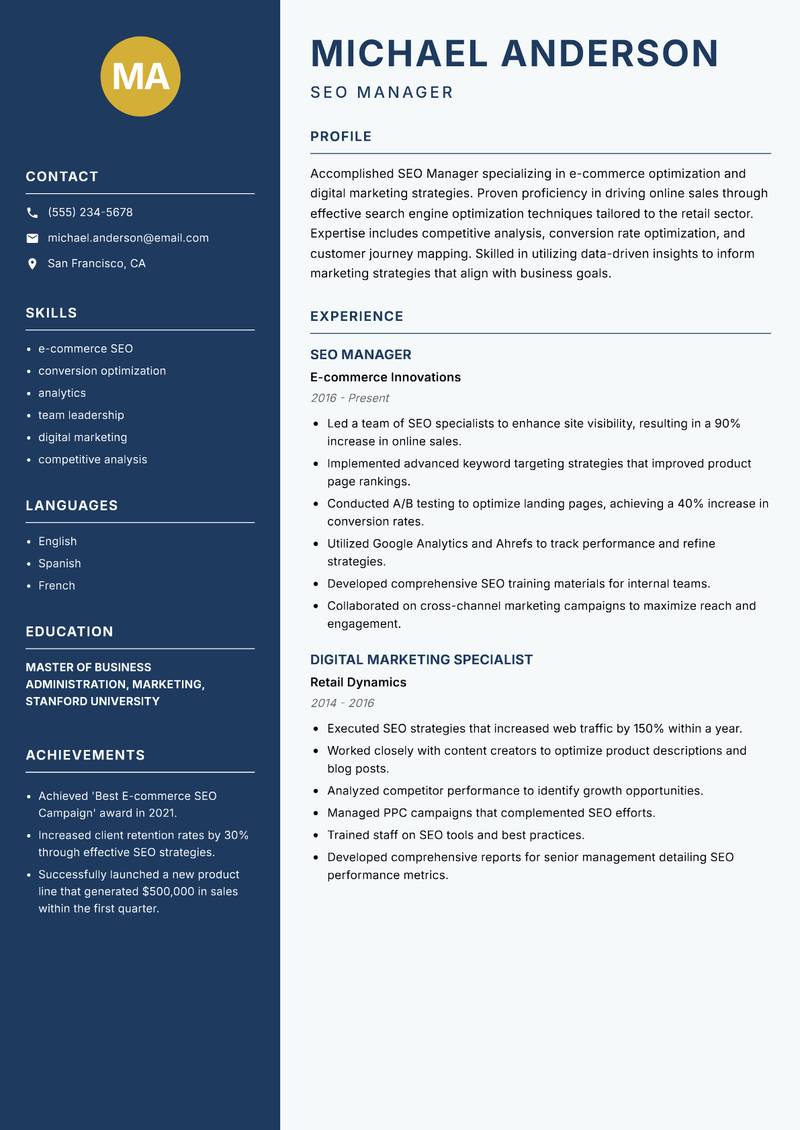 SEO Manager resume template — Classic Clean