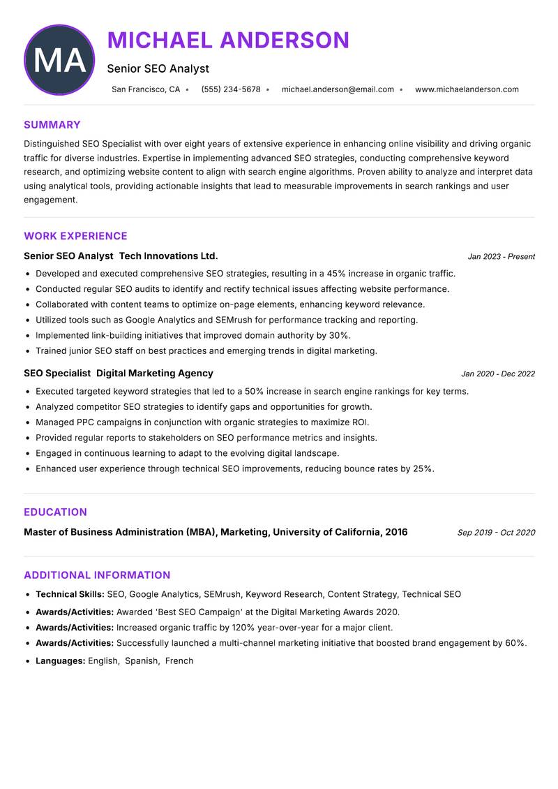 SEO Specialist resume example — ATS-friendly template