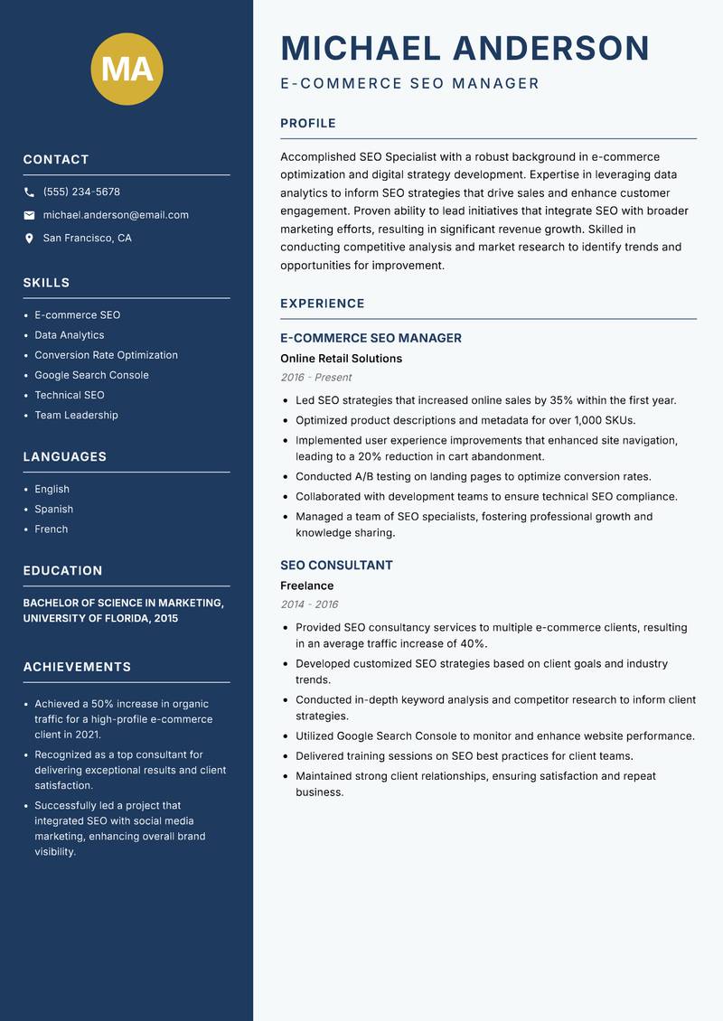 SEO Specialist resume template — Classic Clean
