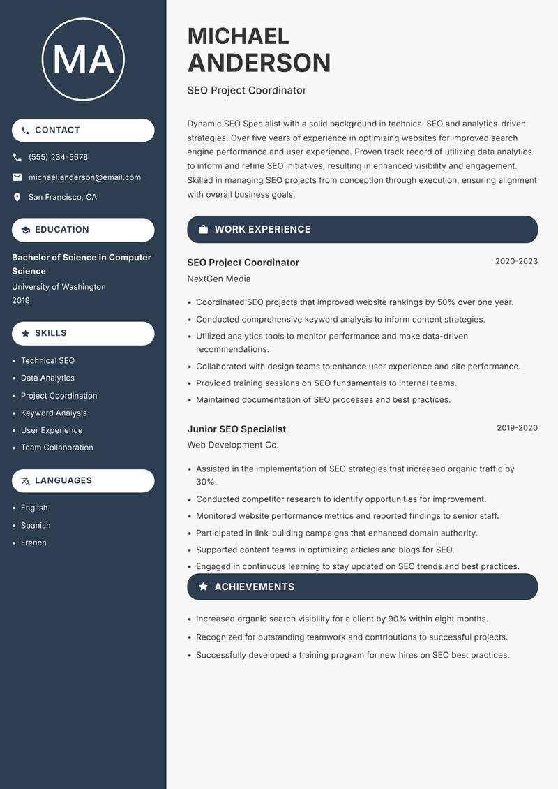 SEO Specialist resume template — Compact