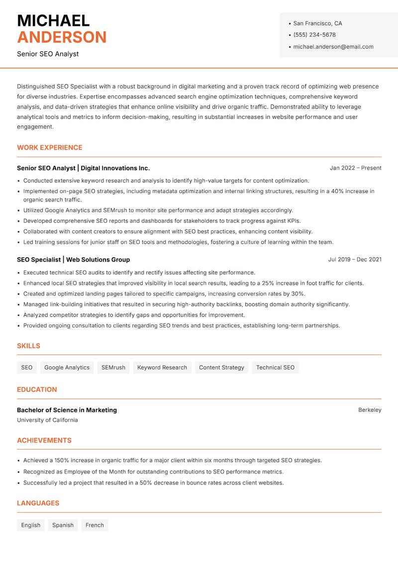 SEO Specialist resume template — Modern Professional