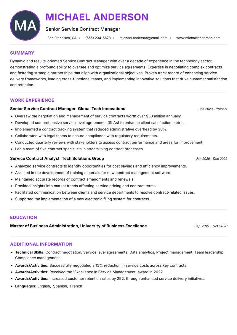 Service Contract Manager resume example — ATS-friendly template