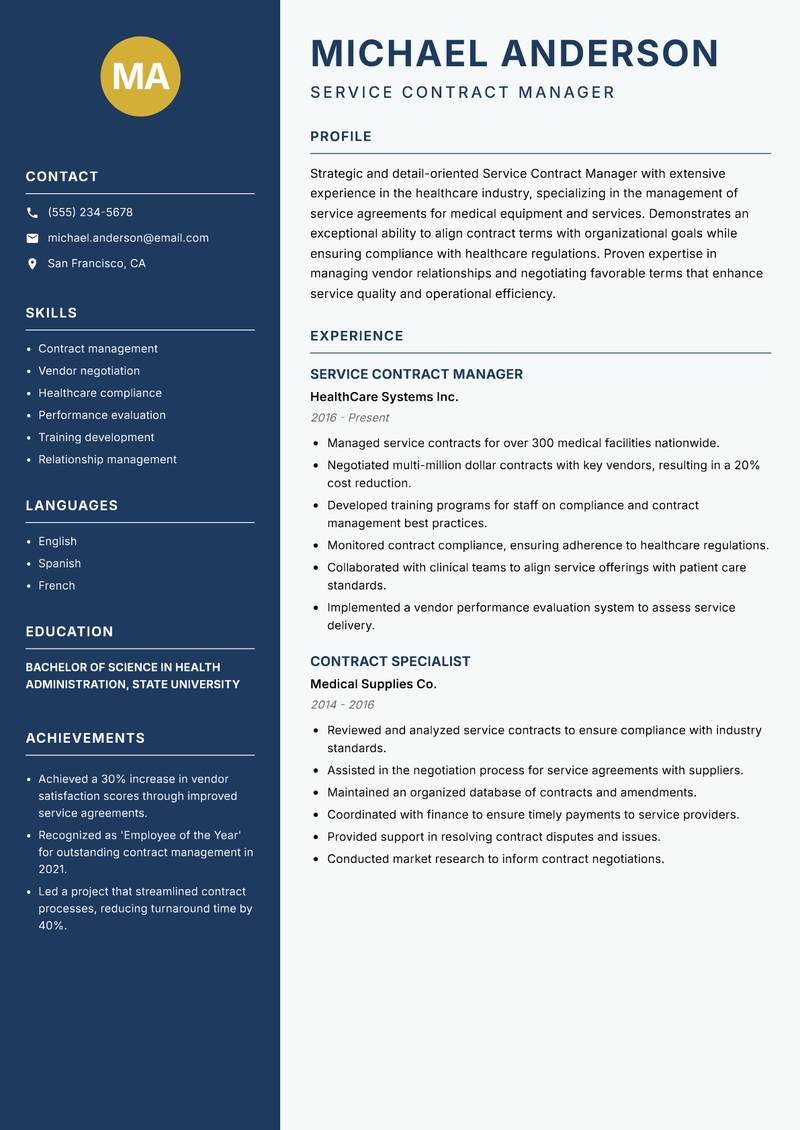 Service Contract Manager resume template — Classic Clean