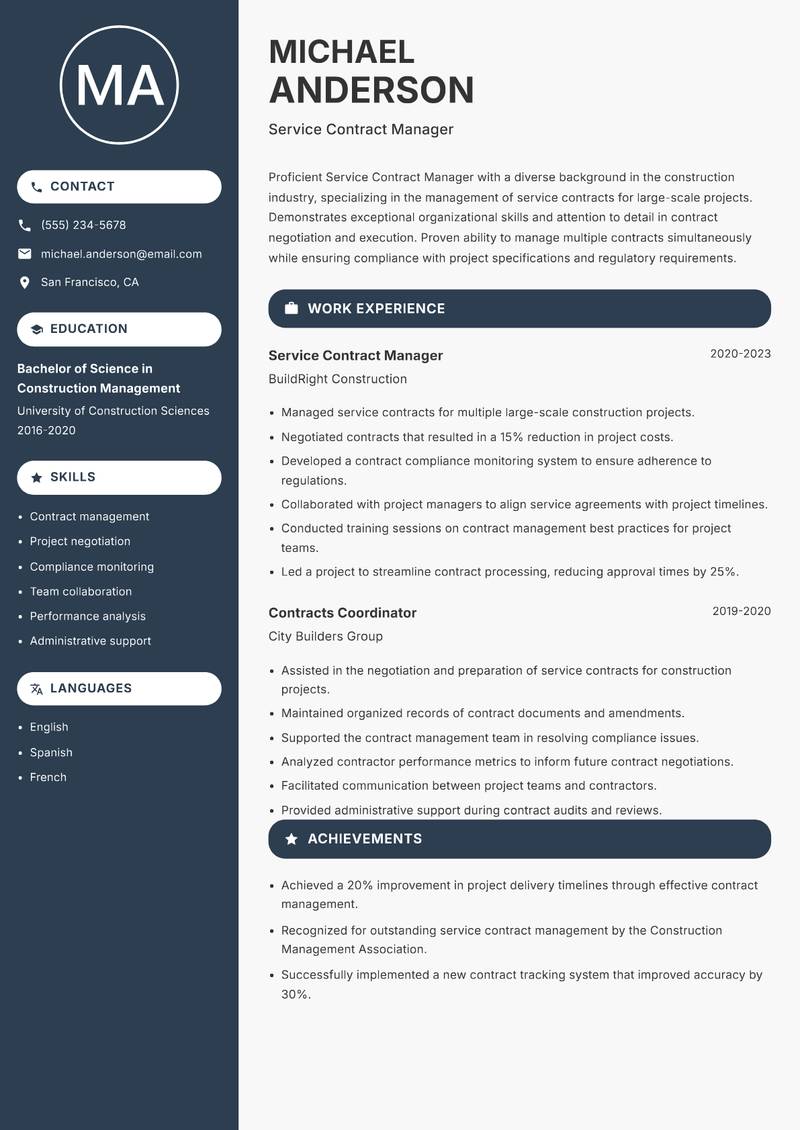 Service Contract Manager resume template — Compact