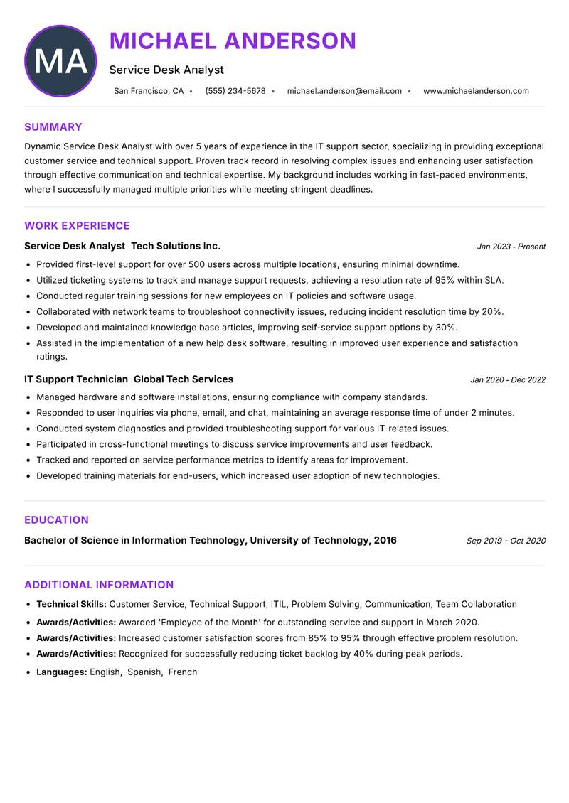 Service Desk Analyst resume example — ATS-friendly template