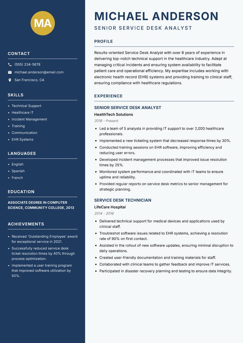 Service Desk Analyst resume template — Classic Clean