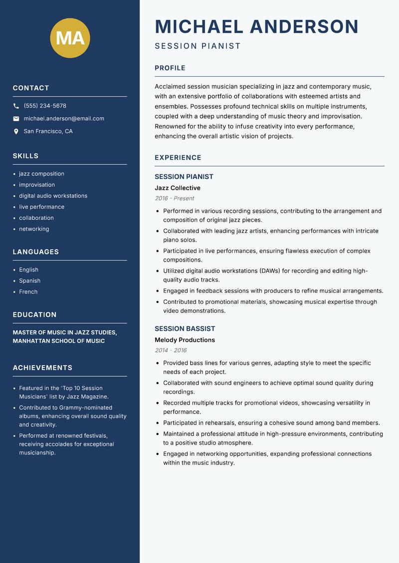 Session Musician resume template — Classic Clean