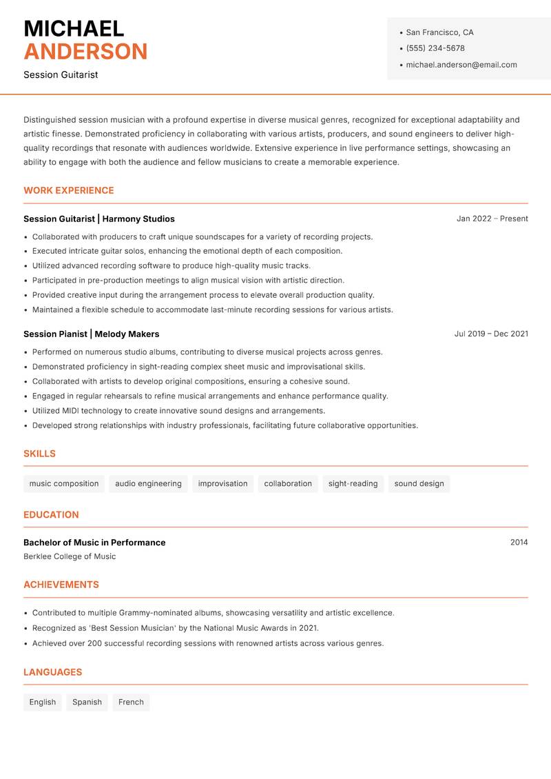 Session Musician resume template — Modern Professional