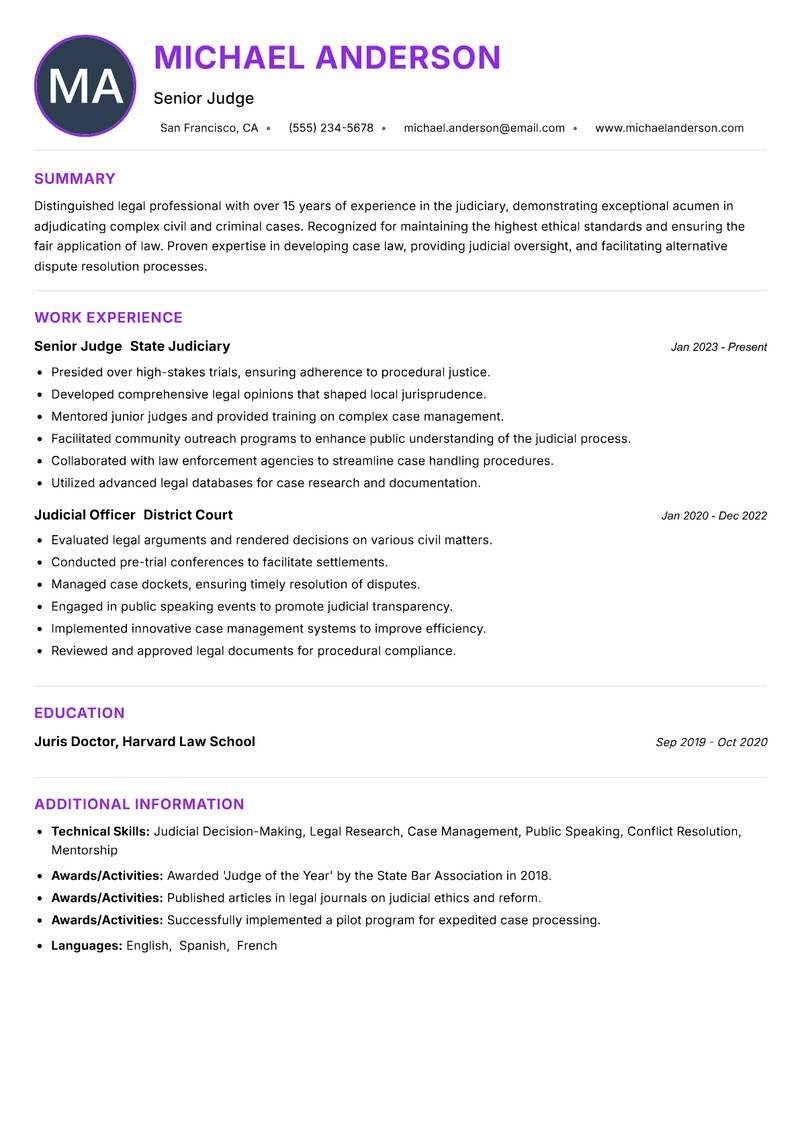 Sessions Court Judge resume example — ATS-friendly template