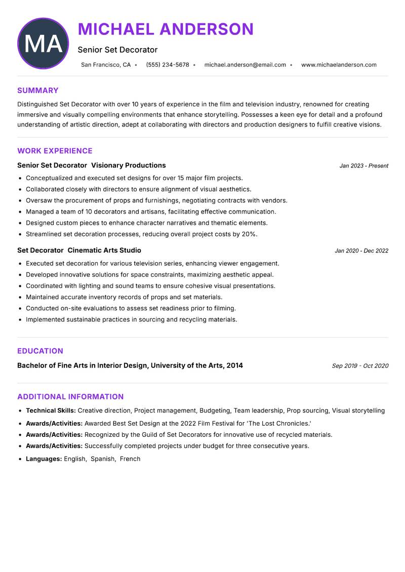 Set Decorator resume example — ATS-friendly template