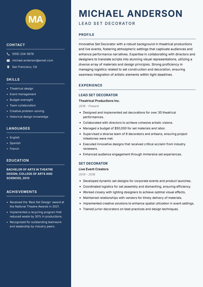 Set Decorator resume template — Classic Clean