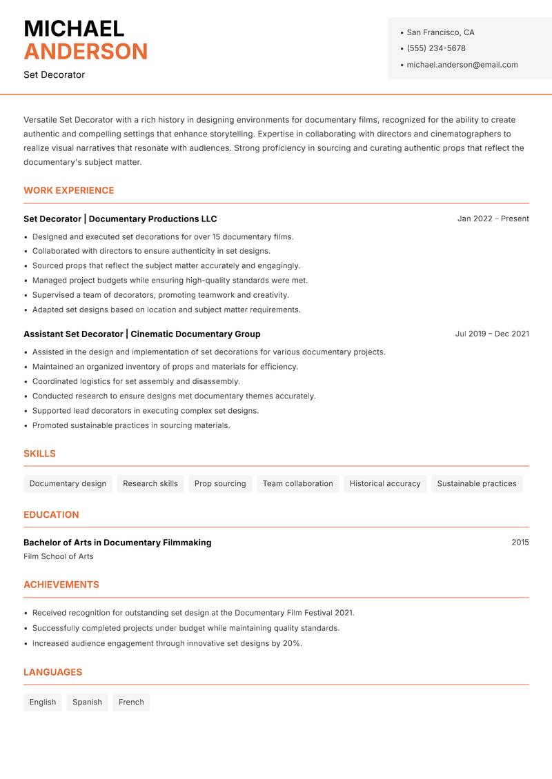 Set Decorator resume template — Modern Professional