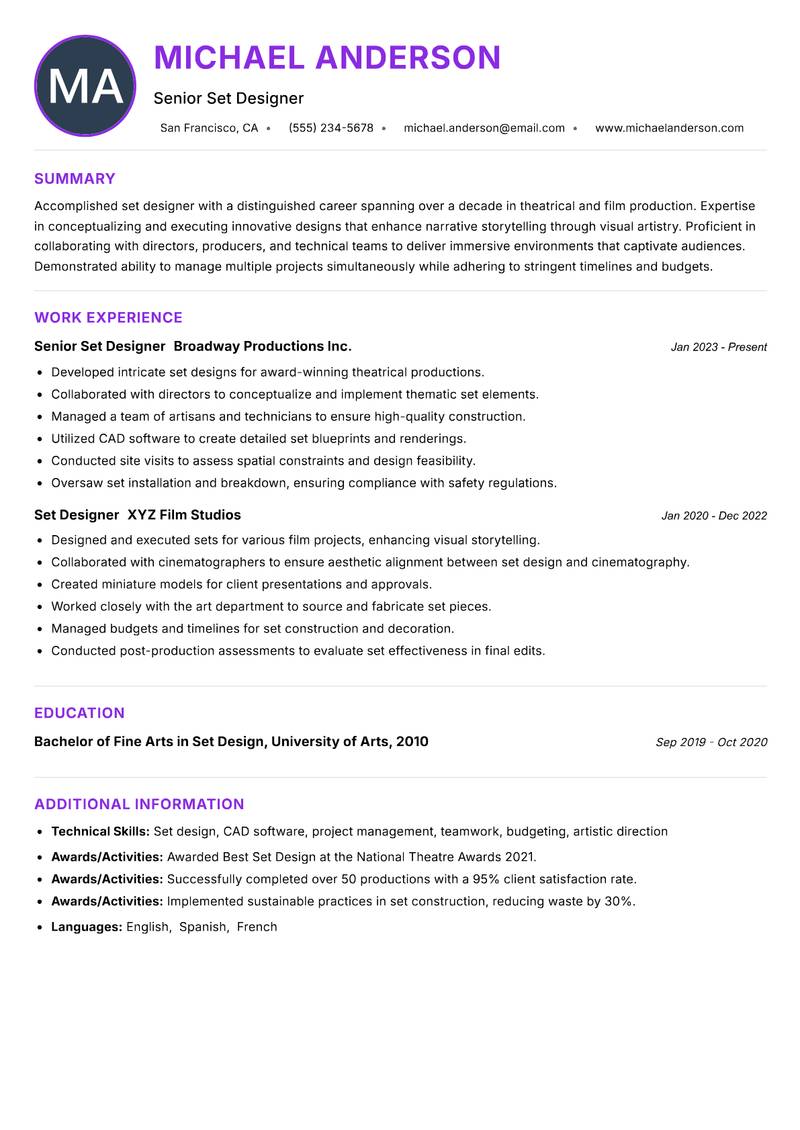 Set Designer resume example — ATS-friendly template