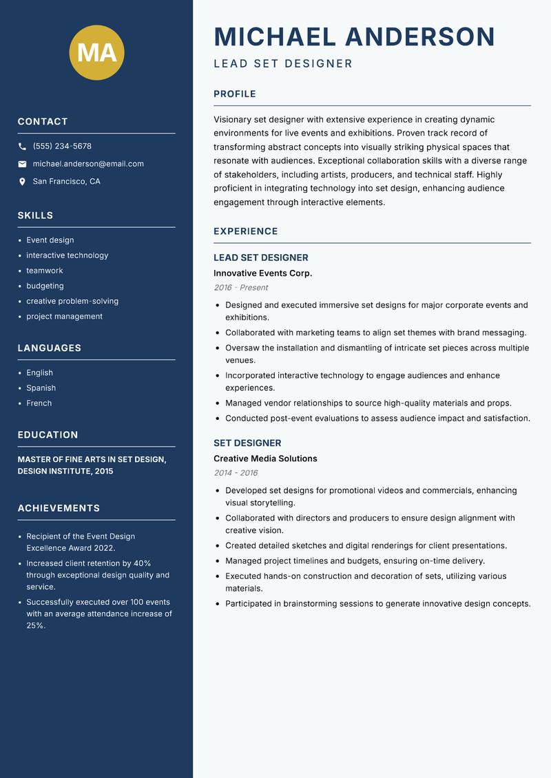 Set Designer resume template — Classic Clean