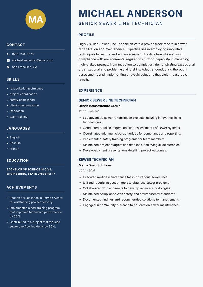 Sewer Line Technician resume template — Classic Clean