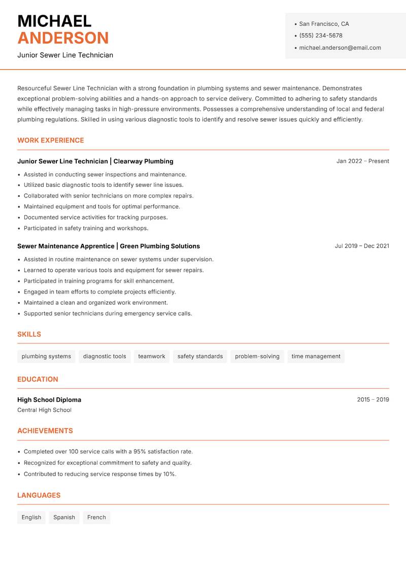 Sewer Line Technician resume template — Modern Professional