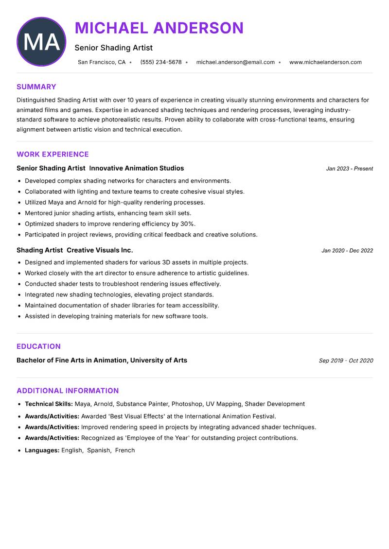 Shading Artist resume example — ATS-friendly template