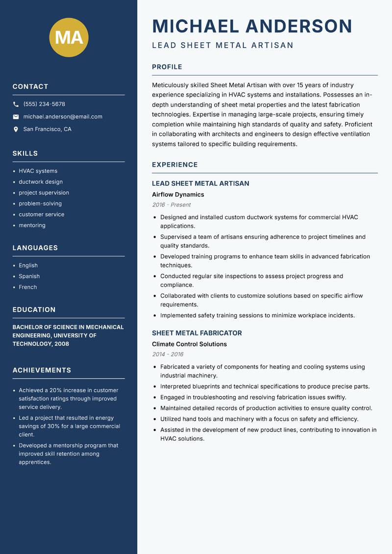 Sheet Metal Artisan resume template — Classic Clean