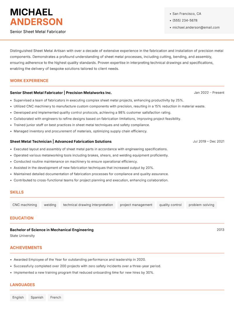 Sheet Metal Artisan resume template — Modern Professional