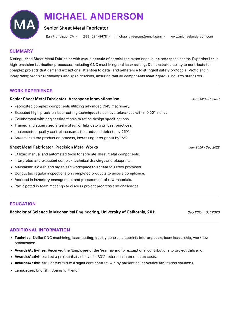 Sheet Metal Fabricator resume example — ATS-friendly template