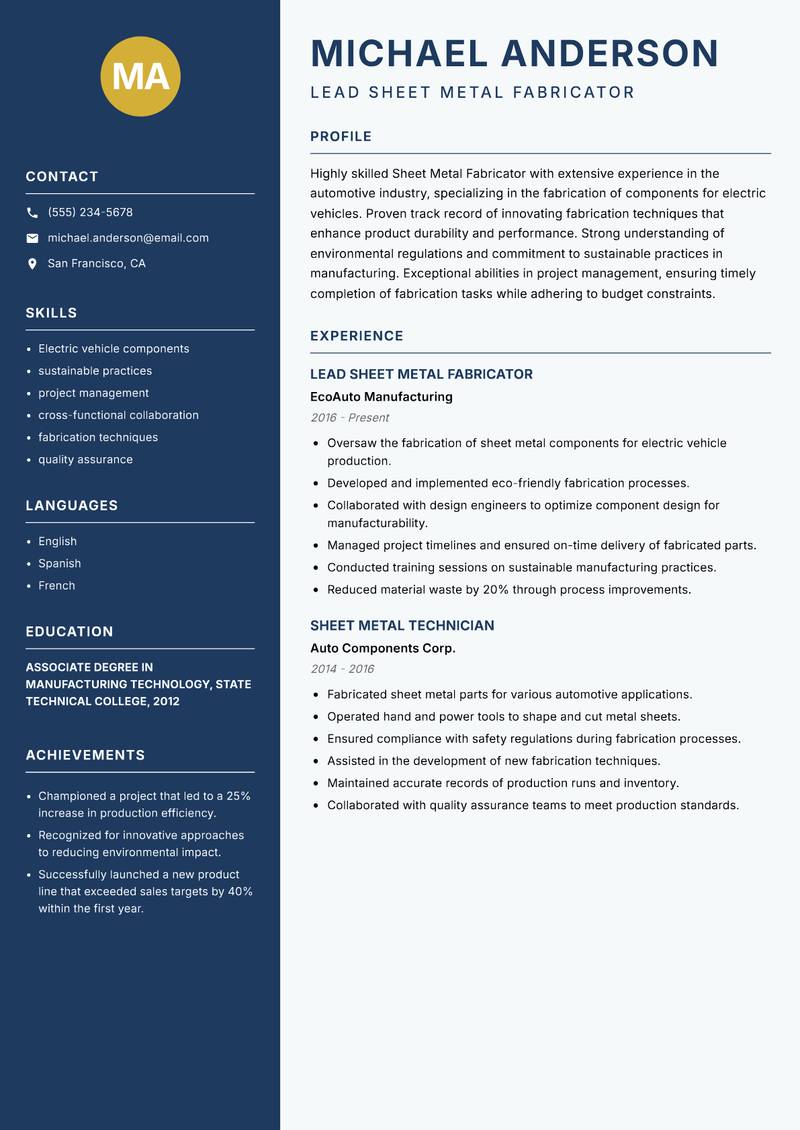 Sheet Metal Fabricator resume template — Classic Clean